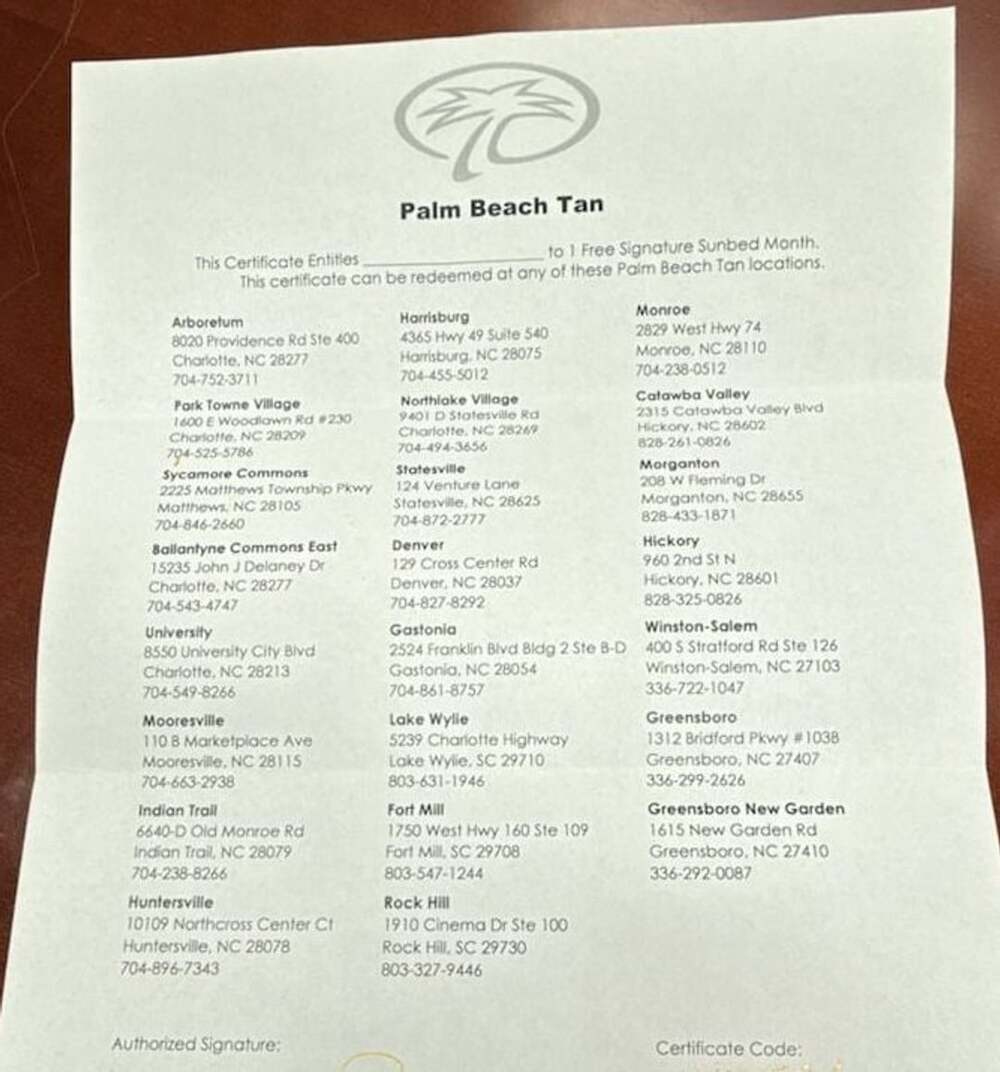 Palm Beach Tan Free Signature Sunbed Month Certificate